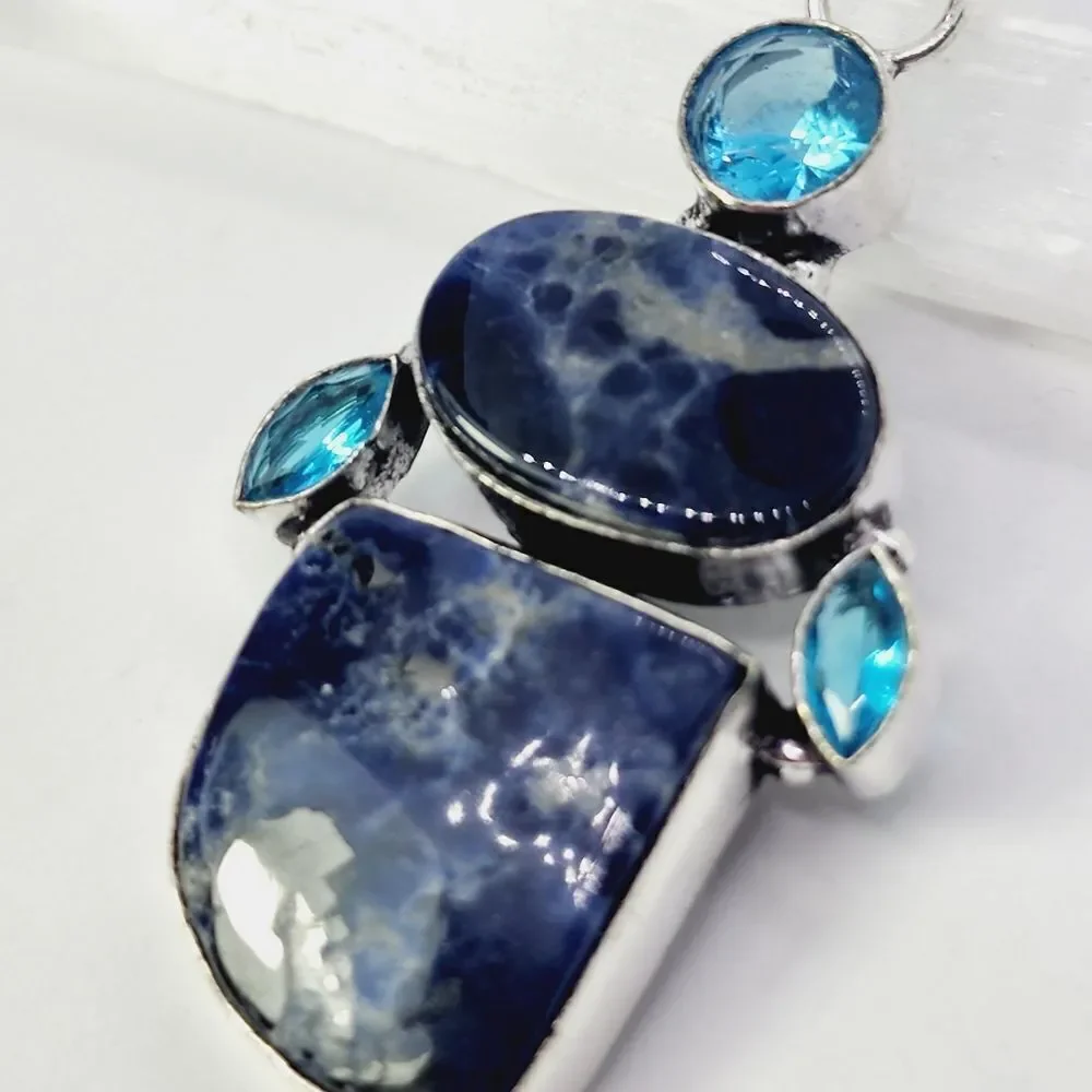 Sodalite Blue Quartz Sterling Silver Plated Pendant 2.5